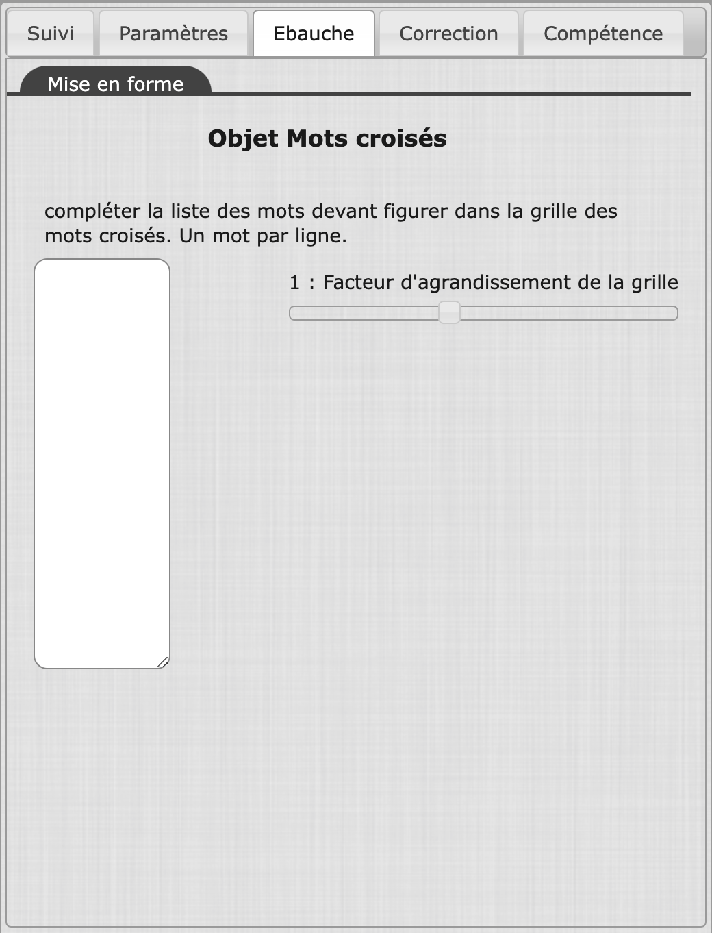 Les options de l'objet `Mots croisés`