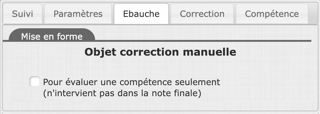 Options du paramétrage de l'objet correction manuelle