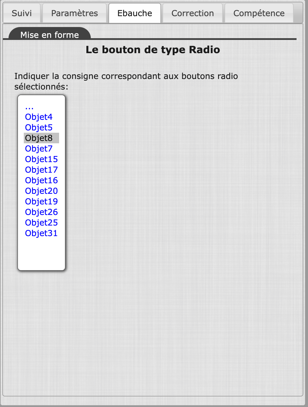 Options du paramétrage de l'objet Bouton radio
