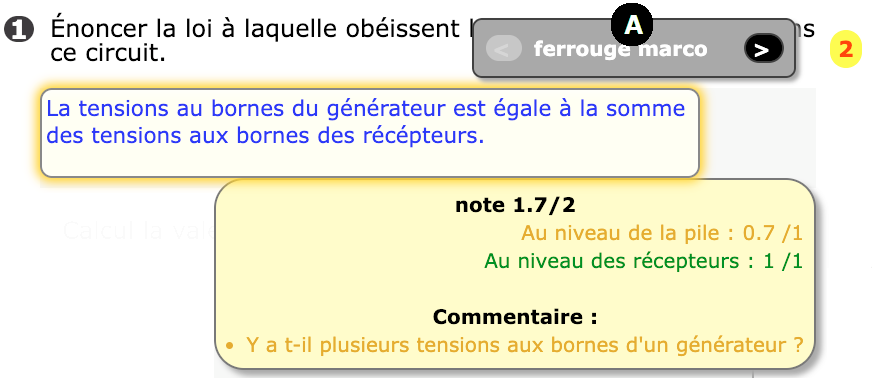 Menu permettant d'afficher la réponse des élèves suivants ou précédents.