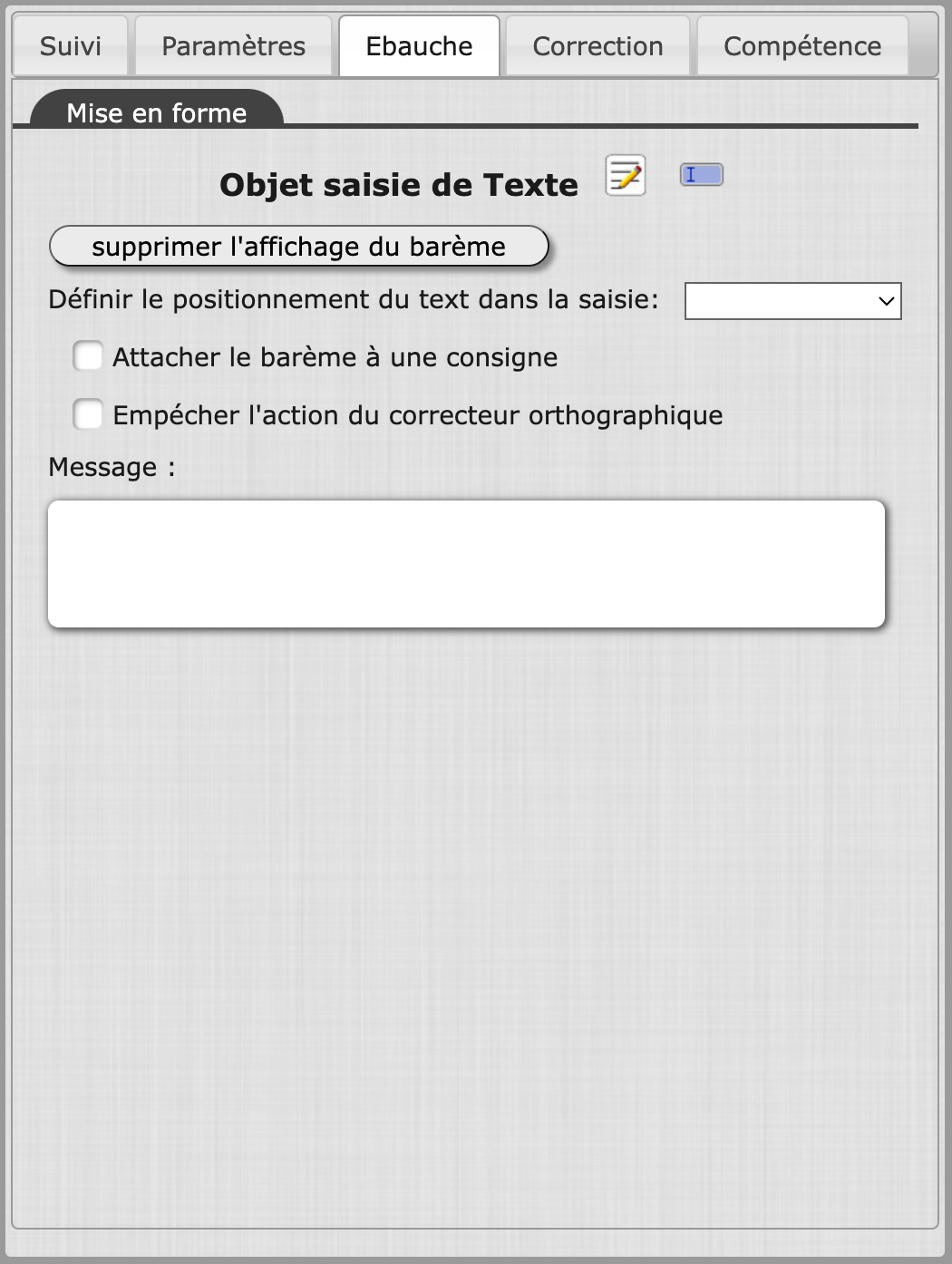 Options du paramétrage de l'objet saisie de texte