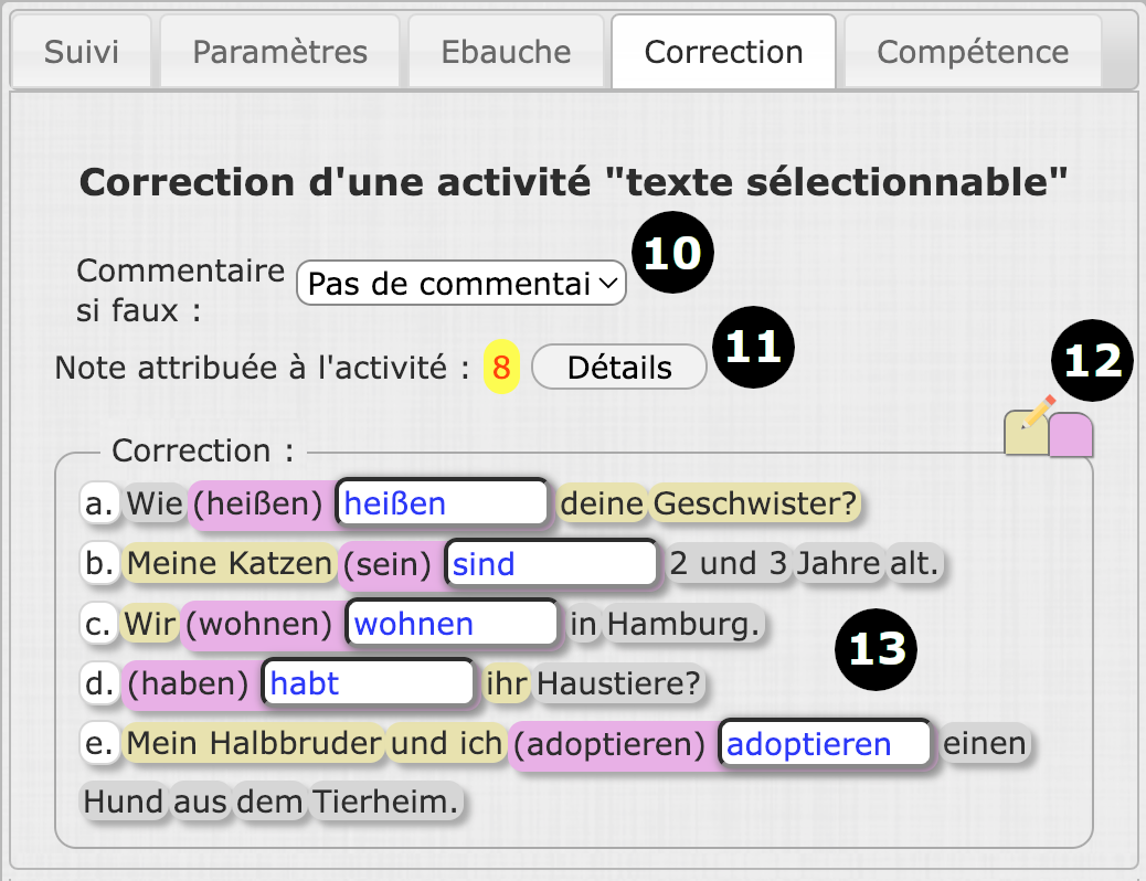 L'onglet correction d'un exemple.