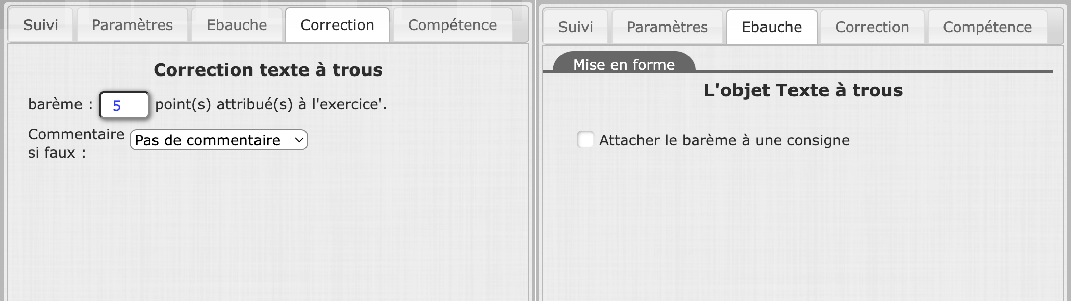 réglage correction et paramètre de l'objet texte à trous