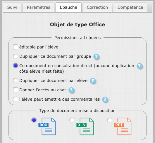 Paramétrage de l'outil office de l'exemple1