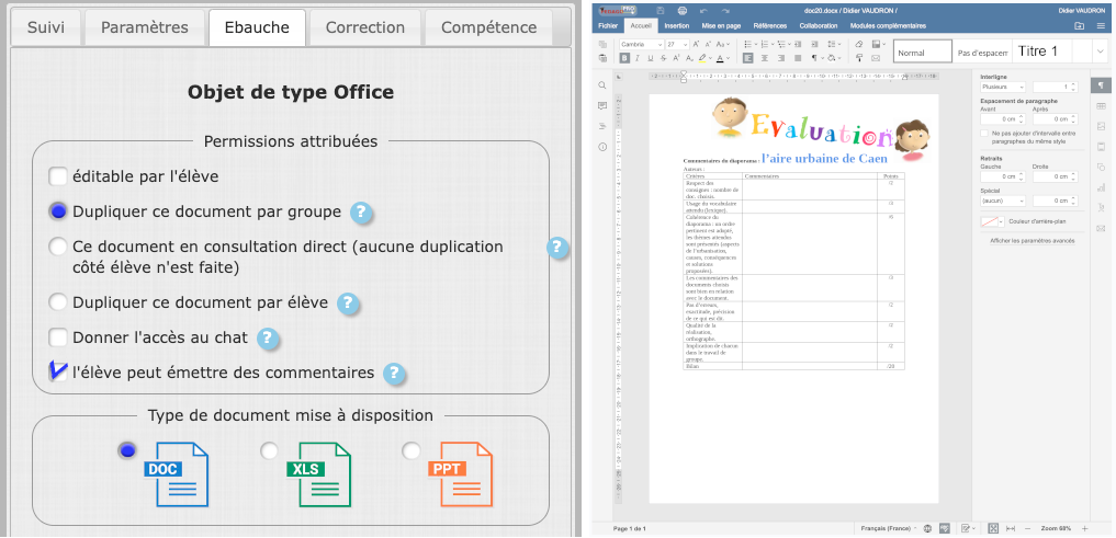 Paramétrage de l'outil office de l'exemple2 avec l'exemple de grille proposé vue côté enseignant