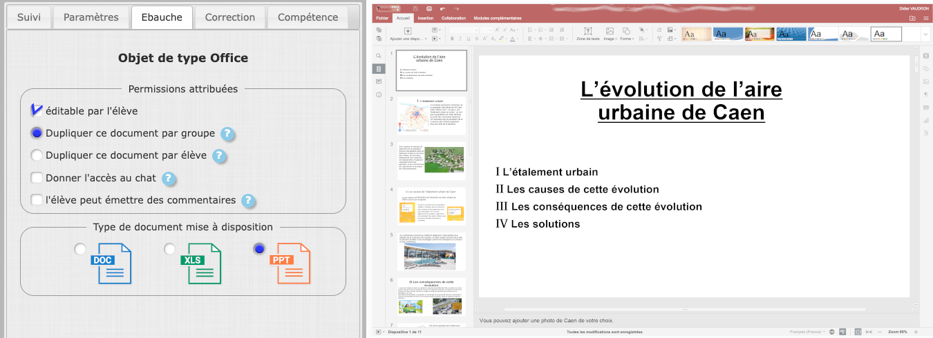 Paramétrage de l'outil office de l'exemple3 avec un exemple de production d'un groupe