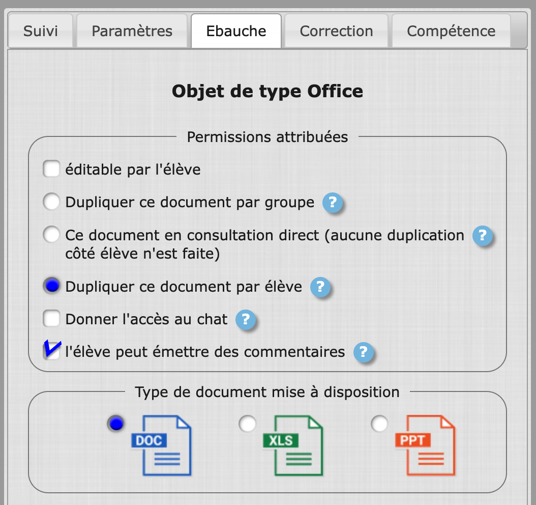 Paramétrage de l'outil office»