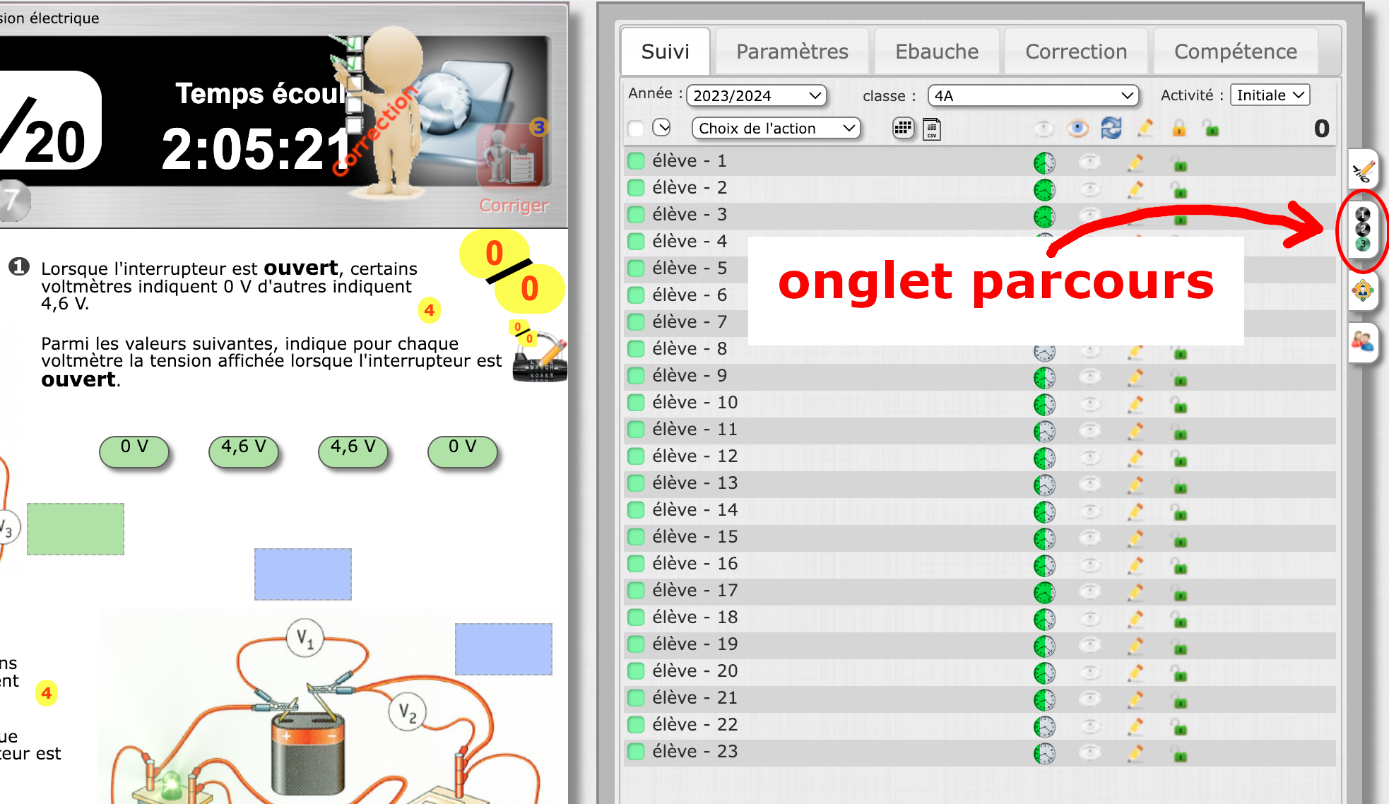 Position de l'onglet «parcours» dans l'interface enseignant