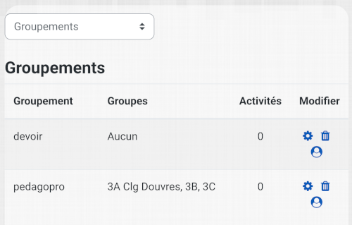 Exemple de groupements dans un cours dont le groupement «pedagopro» contient 3 classes de troisième.